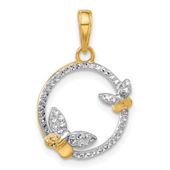 14K and White Rhodium Diamond-cut Butterflies on Circle Pendant