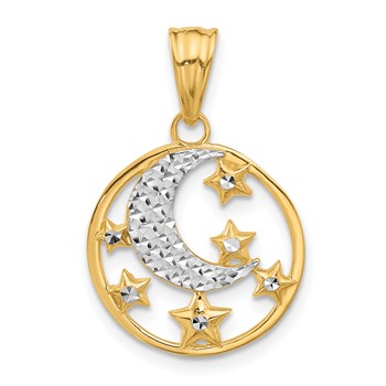 14K and White Rhodium Diamond-cut Moon and Stars Pendant