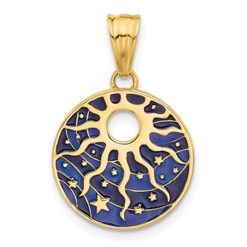 14K Polished Blue Enameled Sun and Stars Pendant