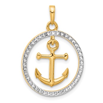 14k and White Rhodium Diamond-cut Anchor Dangle in Circle Pendant