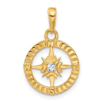 14k and White Rhodium Diamond-cut Compass Pendant