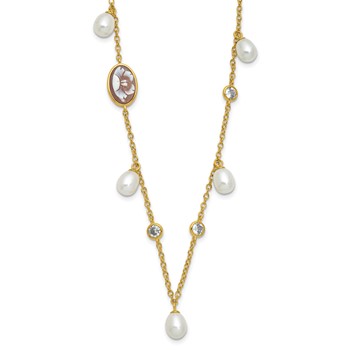 Sterling Silver 18k Gold-plated Polished Arianna Cameo CZ and Simulated Pearl Necklace