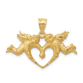 14k Satin Diamond-cut Angels with Heart Pendant