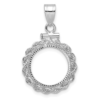 Wideband Distinguished Coin Jewelry 14k White Gold Polished Rope and Diamond-cut 13.0mm x 1.1mm Screw Top Coin Bezel Pendant