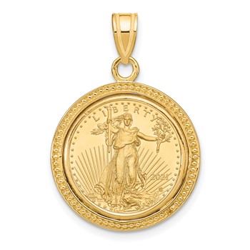 Wideband Distinguished Coin Jewelry 10k Polished and Beaded Mounted 1/10oz American Eagle Coin Bezel Pendant