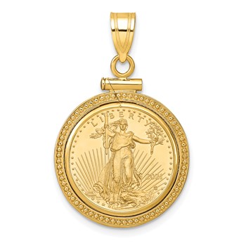 Wideband Distinguished Coin Jewelry 10k Polished and Beaded Mounted 1/10oz American Eagle Screw Top Coin Bezel Pendant