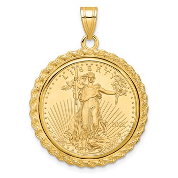 Wideband Distinguished Coin Jewelry 10k Polished with Casted Rope Mounted 1/4oz American Eagle Prong Coin Bezel Pendant
