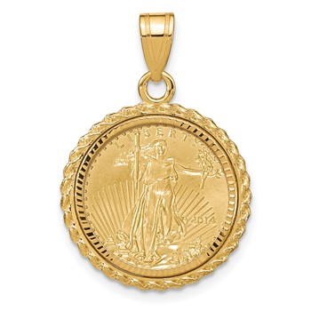Wideband Distinguished Coin Jewelry 10k Polished and Diamond-cut with Casted Rope Mounted 1/10oz American Eagle Prong Coin Bezel Pendant