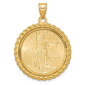 Wideband Distinguished Coin Jewelry 10k Polished and Diamond-cut with Casted Rope Mounted 1/4oz American Eagle Prong Coin Bezel Pendant