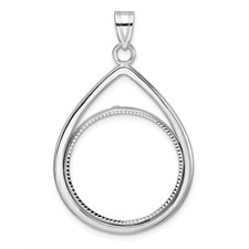 Image of Wideband Distinguished Coin Jewelry 14k White Gold Polished and Diamond-cut Teardrop 22.0mm Prong Coin Bezel Pendant