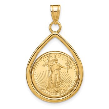 Wideband Distinguished Coin Jewelry 10k Polished Lightweight Teardrop Mounted 1/10oz American Eagle Prong Coin Bezel Pendant