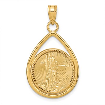 Wideband Distinguished Coin Jewelry 10k Polished and Diamond-cut Lightweight Teardrop Mounted 1/10oz American Eagle Prong Coin Bezel Pendant