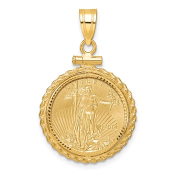 Wideband Distinguished Coin Jewelry 10k Polished and Diamond-cut Casted Rope Mounted 1/10oz American Eagle Screw Top Coin Bezel Pendant