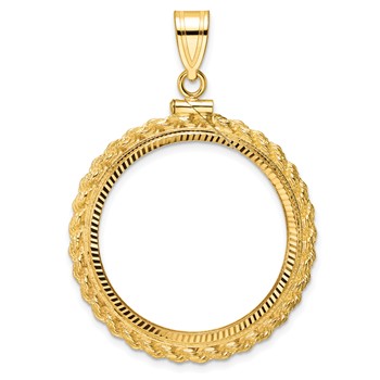 Wideband Distinguished Coin Jewelry 10k Polished and Diamond-cut Casted Rope 27mm x 2.35mm Screw Top Coin Bezel Pendant