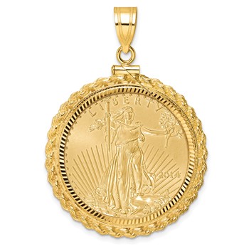 Wideband Distinguished Coin Jewelry 10k Polished and Diamond-cut Casted Rope Mounted 1/2oz American Eagle Screw Top Coin Bezel Pendant