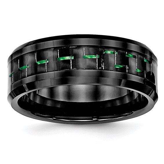 Ceramic Black with Green Carbon Fiber Inlay Beveled Edge Ring Ceramic Black with Green Carbon Fiber Inlay Beveled Edge Ring