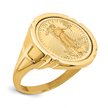 Wideband Distinguished Coin Jewelry 14k Men's Polished and Diamond-cut with Cross Sides Mounted 1/10oz American Eagle Coin Bezel Ring