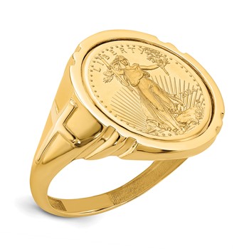 Wideband Distinguished Coin Jewelry 14k Men's Polished with Cross Sides Mounted 1/10oz American Eagle Coin Bezel Ring