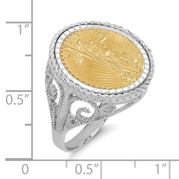 Wideband Distinguished Coin Jewelry 14k White Gold Ladies' Polished Diamond-cut and Twisted Wire Scroll Design Mounted 1/10oz American Eagle Coin Bezel Ring — alternate view