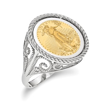 Wideband Distinguished Coin Jewelry 14k White Gold Ladies' Polished and Twisted Wire Scroll Design Mounted 1/10oz American Eagle Coin Bezel Ring