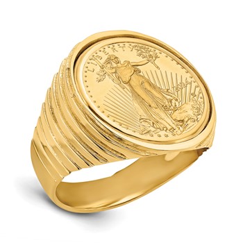 Wideband Distinguished Coin Jewelry 14k Men's Polished Ribbed Edge Mounted 1/10oz American Eagle Coin Bezel Ring