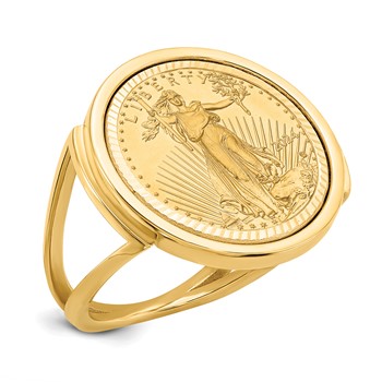 Wideband Distinguished Coin Jewelry 14k Ladies' Polished and Diamond-cut Mounted 1/10oz American Eagle Coin Bezel Ring