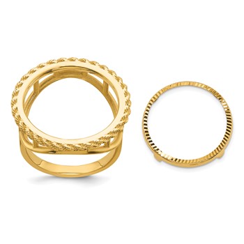 Wideband Distinguished Coin Jewelry 10k Ladies' Polished Textured and Diamond-cut with Rope Edge 16.5mm Coin Bezel Ring