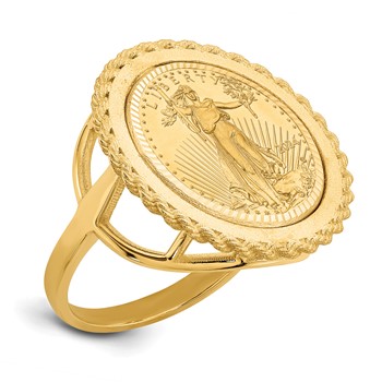 Wideband Distinguished Coin Jewelry 14k Ladies' Polished Textured and Diamond-cut Rope Edge Mounted 1/10oz American Eagle Coin Bezel Ring