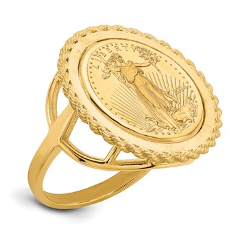 Wideband Distinguished Coin Jewelry 10k Ladies' Polished and Textured with Rope Edge Mounted 1/10oz American Eagle Coin Bezel Ring
