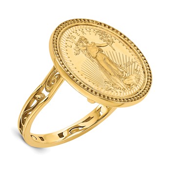 Wideband Distinguished Coin Jewelry 10k Ladies' Polished and Diamond-cut with Filigree Sides and Beaded Top Mounted 1/10oz American Eagle Coin Bezel Ring