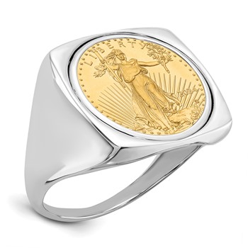 Wideband Distinguished Coin Jewelry 14k White Gold Men's Polished Square Shaped Mounted 1/10oz American Eagle Coin Bezel Ring