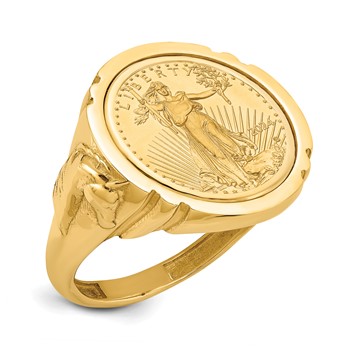 Wideband Distinguished Coin Jewelry 14k Men's Polished with Horse Sides Mounted 1/10oz American Eagle Coin Bezel Ring