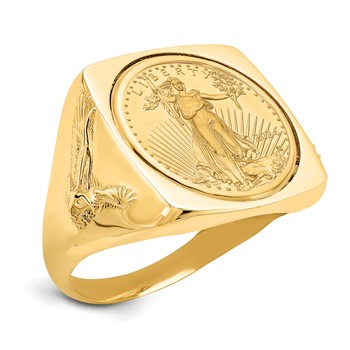 Wideband Distinguished Coin Jewelry 14k Men's Polished with Flying Eagle Side Square Shaped Mounted 1/10oz American Eagle Coin Bezel Ring