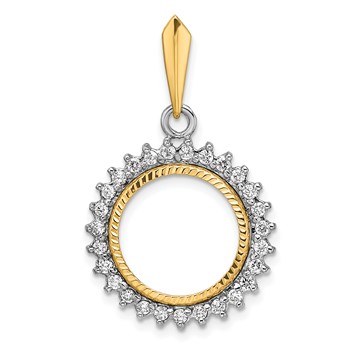 Wideband Distinguished Coin Jewelry 14k Two-tone Polished and Diamond-cut AA Diamond Circle 14.0mm Prong Coin Bezel Pendant