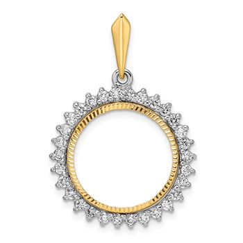 Wideband Distinguished Coin Jewelry 14k Two-tone Polished and Diamond-cut AAA Diamond Circle 16.5mm Prong Coin Bezel Pendant