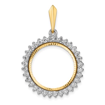 Wideband Distinguished Coin Jewelry 14k Two-tone Polished and Diamond-cut VS Diamond Circle 17.8mm Prong Coin Bezel Pendant