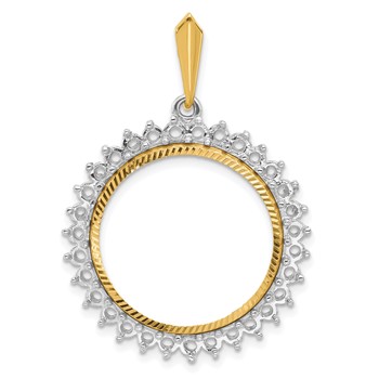 Wideband Distinguished Coin Jewelry 14k Two-tone Polished and Diamond-cut Diamond Circle 21.6mm Prong Coin Bezel Pendant Mounting