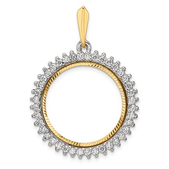 Wideband Distinguished Coin Jewelry 14k Two-tone Polished and Diamond-cut A Diamond Circle 21.6mm Prong Coin Bezel Pendant
