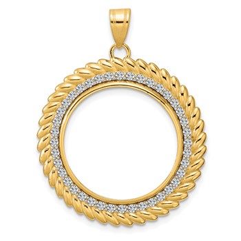 14k Polished Diamond Coil with 22.0mm Prong Coin Bezel Pendant Mounting