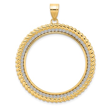 14k Polished Diamond Coil with 32.0mm Prong Coin Bezel Pendant Mounting