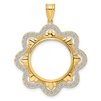 14k Polished Diamond Wave with 18.0mm Prong Coin Bezel Pendant Mounting