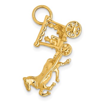 14k Solid Polished 3-D Horse and Carriage with Moveable Wheels Charm