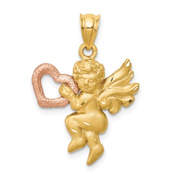 14k Two-tone Satin Diamond-cut Angel Charm
