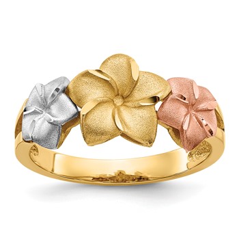 14k Tri-color Three Plumeria Flowers Ring