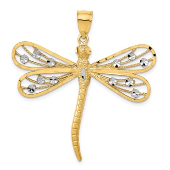 14K and White Rhodium Diamond-cut Filigree Dragonfly Pendant