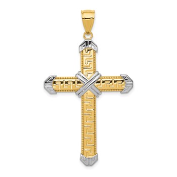 14K and White Rhodium Greek Key -X- Center Cross Pendant