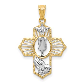 14k and White Rhodium Communion Cross with Dove and Praying Hands Pendant