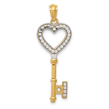 14K and White Rhodium Polished Heart Key Charm