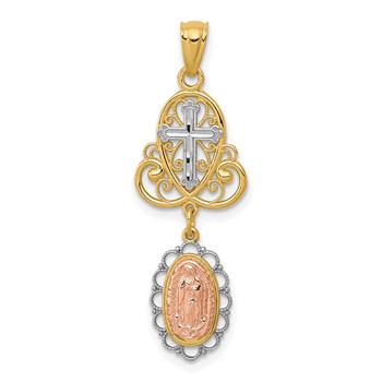 14K Two-Tone with White Rhodium Our Lady of Guadalupe and Cross Pendant