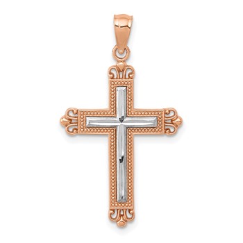 14K Rose Gold and White Rhodium Diamond-Cut Fleur de Lis Cross Pendant